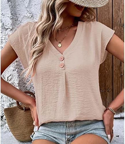 Tops femininos Casual Camisa de manga curta casual Henley v Camiseta de pescoço solto ajuste túnica sólida BLOUS DE BOTÃO RUCHED