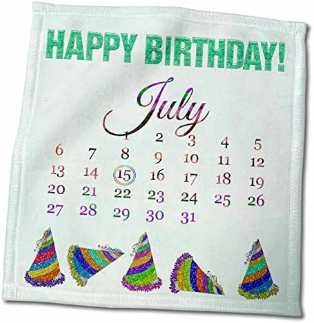 3drose Birthday em 15 de julho, glitter parece feliz aniversário e chapéus coloridos - toalhas