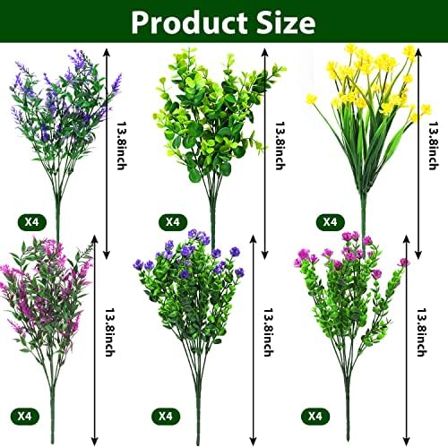 24 Pacotes Flores artificiais para o ar livre 6 Decoração de estilo UV Flores falsas de arbustos de vegetação plantas