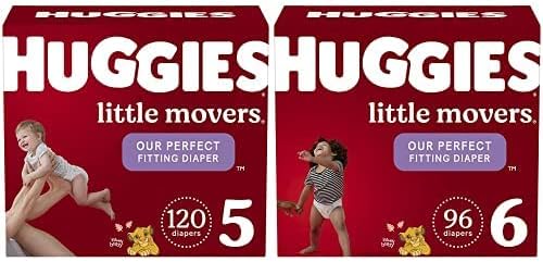 Pacote de fraldas para bebês: Huggies Little Movers Fregers Tamanho 5, 120C e tamanho 6, 96CT