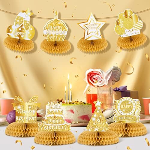 8pcs Gold White Birthday Birthday Centerpieces Decorações de mesa, ouro branco feliz aniversário honeycomb peça de ouro