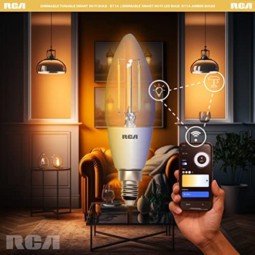 RCA Bulbos inteligentes LED de LED Wi-Fi Dimmable and Tinable Amber | Lâmpada LED B11 vintage, 4W, 320 lúmens | Controle de qualquer lugar | Design sem hub | Compat do Google e Alexa Bulb