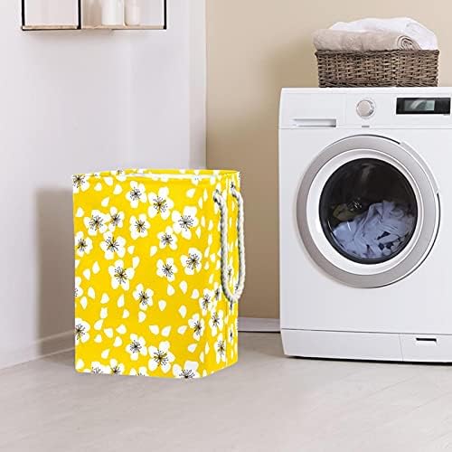 Padrão amarelo de flor branca cesto de roupa grande com alça fácil de transporte, cesta de lavanderia dobrável à prova d'água para caixas
