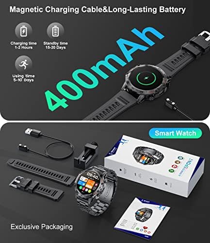 Esfoe Military Smart Watch for Men, 1,39 '' Tactical ao ar livre Rugged Smartwatch com freqüência cardíaca Monitor de pressão sanguínea do sono, Run de fitness esportiva à prova d'água para Andriod iOS