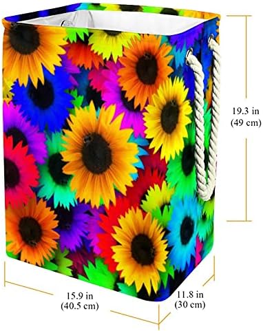 Arte colorida de padrões coloridos de girassol cesto de lavanderia com alça fácil de transporte, cesta de lavanderia dobrável à prova