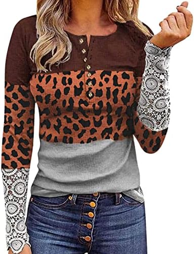 Jjhaevdy Feminino outono/inverno Fino Botão de pescoço impressão de manga longa Camiseta de camisetas Henley t camisetas