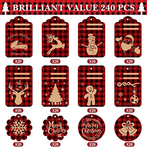 240 PCs Tags de presente de Natal, papel kraft paper vermelho preto búfalo name xadrez tags 12 estilos tem temas de xmas