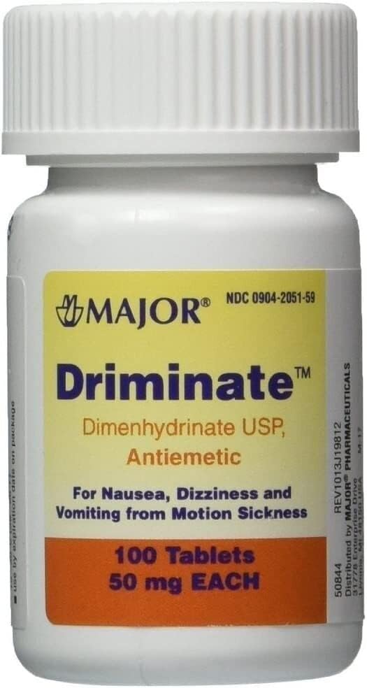 Drimine genérico para doenças de movimento de dramamina 50 mg anti -náusea 100 ct por major
