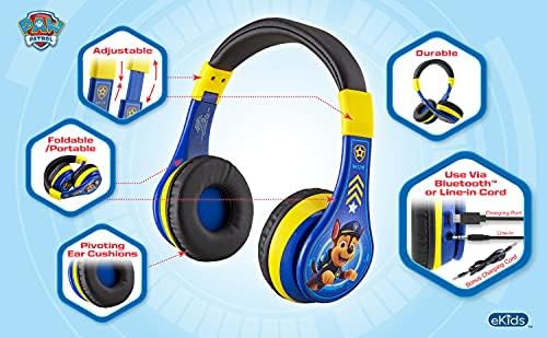 Ekids Paw Patrol Kids Bluetooth fones de ouvido, fones de ouvido sem fio com microfone inclui cordão AUX, fones de ouvido dobráveis