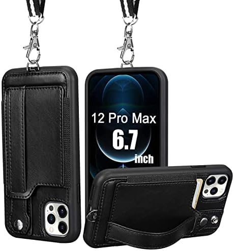 Toovren iPhone 12 Pro Max Case com porta -cartão, capa de carteira do iPhone 12 Pro Max, capa de cordão telefônico com pU Kickstand