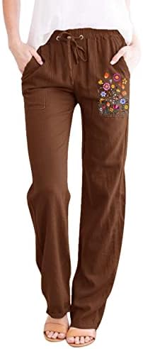 Calças de mistura de linho Ethkia para mulheres calças de linho de linho de cintura alta de perna larga com bolsos de perna