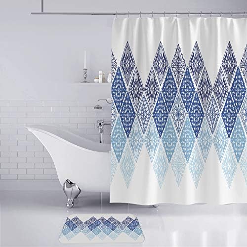 Cortina de chuveiro estampada em azul e branco de phnam e ganchos 72x72 polegadas de decoração à prova d'água extra