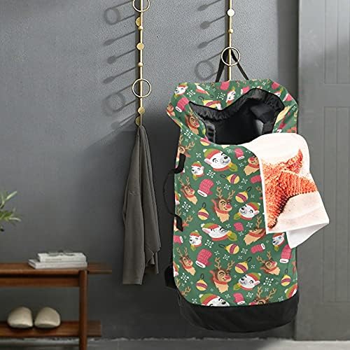 Christmas Cute Deer Bear Leundry Bolsa de lavanderia pesada Mochila com tiras de ombro e alças Bolsa de roupa de viagem