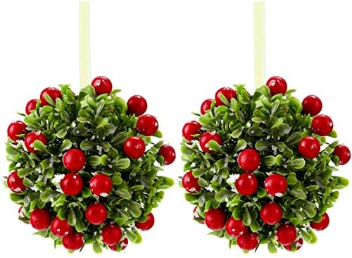 Willbond 2 peças Mistleto de Natal Ornamentos pendurados 5 polegadas Mistleto beijo Bola Bola Decoração de porta artificial