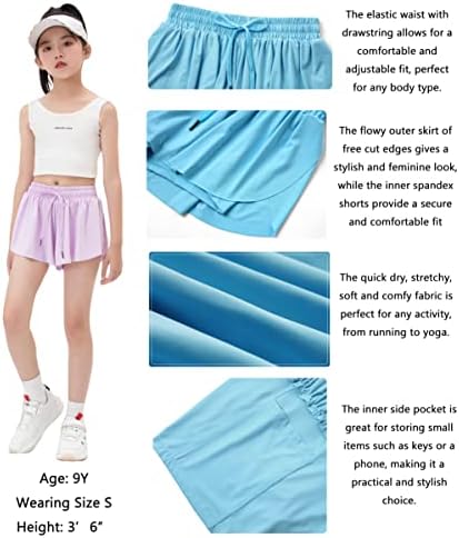 Girls Flowy Shorts com bolsos 2 em 1 juventude para crianças adolescentes Saias de borboleta atlética Running Sports Dance Skort