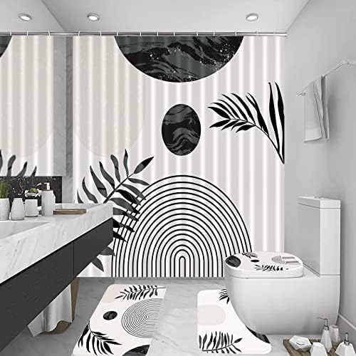 Conjunto de cortinas de chuveiro preto zyllglow Conjunto de cortina de chuveiro boho com tapetes, acessórios de decoração de banheiro