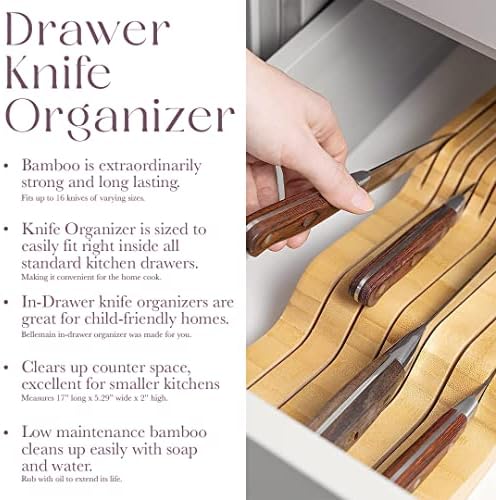 BELLEMAIN BAMBOO puro no bloco de faca de gaveta | Organizador da gaveta da faca | Armazene as facas com segurança com as lâminas para baixo | Solução de armazenamento para sua cozinha | Inserção de gaveta organizadora de facas