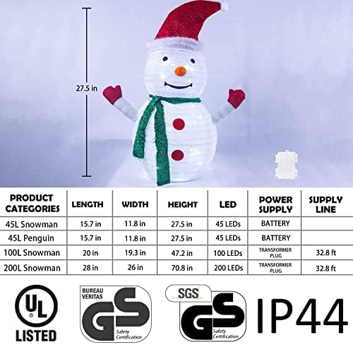 Pop-up Snown, de boneco de neve iluminado com iluminação ao ar livre, 2,3 pés de iluminação pré-iluminada boneco de neve branco,