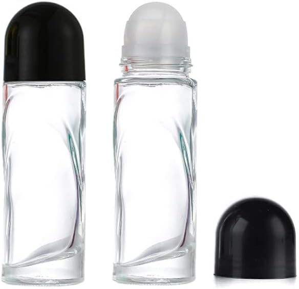 2pcs 70ml/2,36 oz garrafa de rolo de vidro transparente com bola de rolo de plástico e garrafas de desodorizante preto garrafas