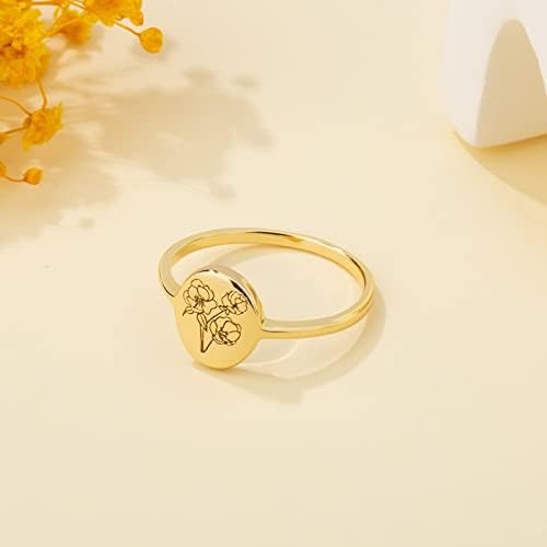 Yegieonr, anel de sinete de flores artesanais, anel de ouro de 18k para mulheres, anel de declaração minimalista com um presente de joias personalizadas gravadas com gravação botânica para mulheres/meninas