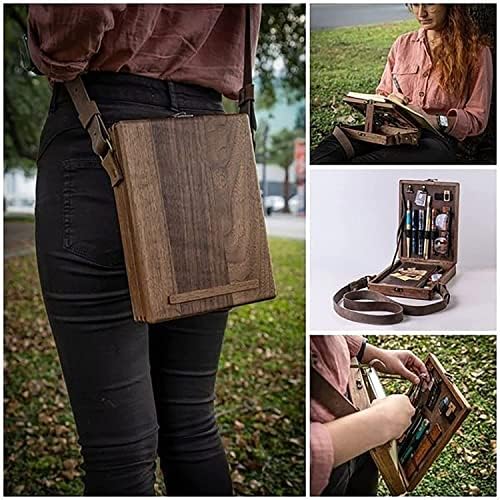 Escritores mensageiros, ferramenta de artista multifuncional e armazenamento de pincel retro madeira de madeira portátil Crossbody