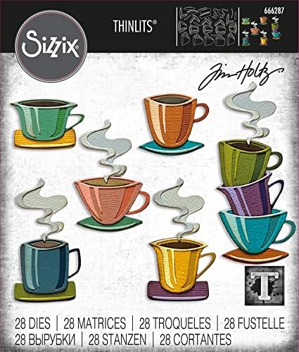 Tim Holtz Sizzix 2023 Coleção todos os dias Papercut Café Thinlits, 28 matrizes, 25 folhas de folhas Sizzix de folhas