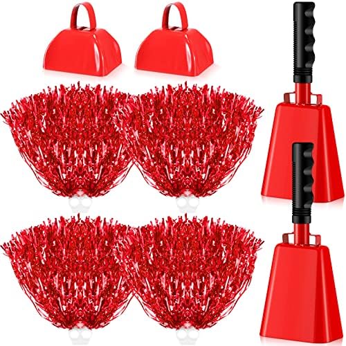 Fabradores de ruído Cowbell de aço de 10 polegadas com maçaneta aplaudindo sino de vaca com líderes de torcida Pom Poms para futebol Eventos esportivos em sala de aula de casamentos de casamentos de metal alarme de percussion Instrumento musical