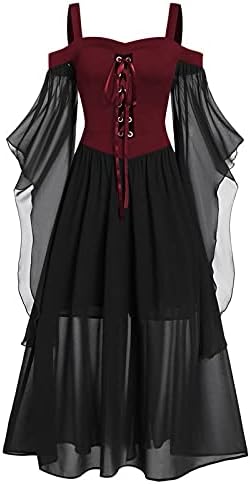 Vestidos maxi femininos, mulher plus size fria ombro de manga borboleta de manga de renda de halloween vestido gótico