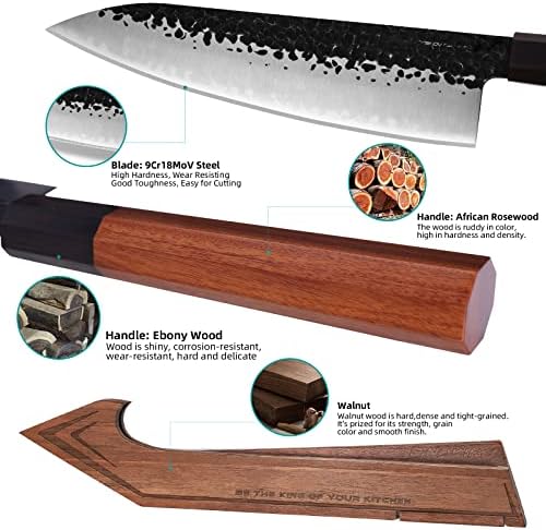 Localizando Chefs Knives Conjunto e guardas de borda, facas de cozinha de aço de alto carbono, suportes de faca de nogueira,