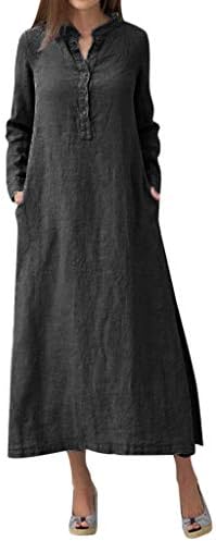 Vestido de linho Zefotim para mulheres 2023 botão casual de manga longa para baixo vestido maxi solto com bolsos