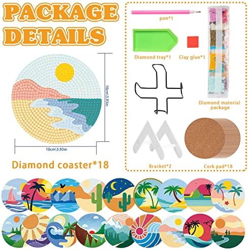 pigpigbuss paisagem diamante pintura de diamante kit 18 pcs lase à beira -mar Coasters de pintura de diamante com suporte Boho Diamond Art Coaster Decoração