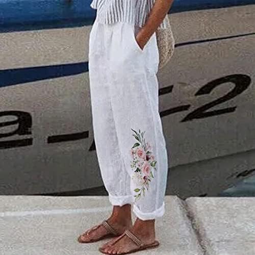 Calças de linho para mulheres calças cônicas com estampa floral casual com bolsos Cantura elástica vintage Liantes de