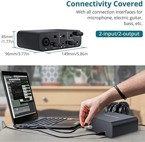 Interface de áudio USB 2 em 2 out com 48V Phantom Power, interface de áudio USB-C YGITK para gravação PC/Win/Mac, Streaming and Podcasting, caixa de áudio