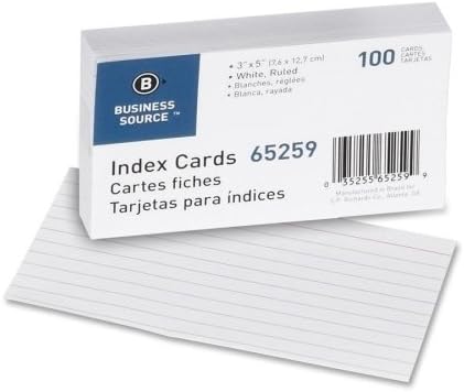 Cartões de índice de origem de negócios, governados, 90lb, 3 x5, 100/pk, branco