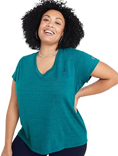 Campeão de camiseta feminina de tamanho plus size, camiseta feminina de decote em V, camiseta de manga curta feminina