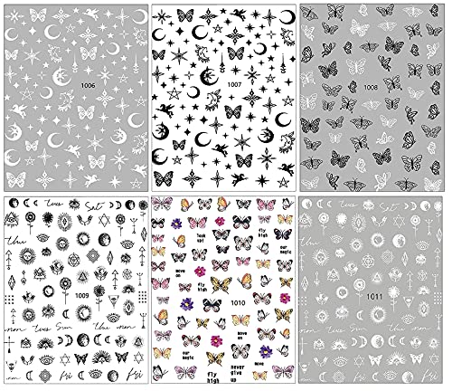 6 lençóis Tianma Star Moon Butterfly Nail Art Stickers, Decalques de unhas de design branco auto-adesivo em 3D para suprimentos
