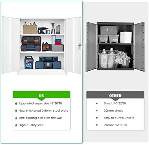 Gabinete de armazenamento de metal verde -central, armário de armazenamento de bloqueio de 42 ”, armário de trava com portas e prateleiras, armários de utilidade de aço para escritório em casa com 2 chaves, banheiro, lavanderia, garagem, branco