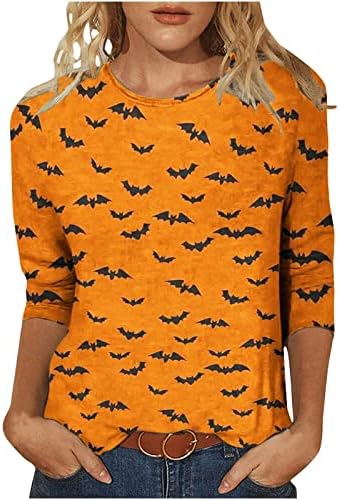 Mulher camiseta de verão outono 3/4 manga Crew algodão de algodão Holida de férias Halloween Bluch Loose Fit Blouse para Lady