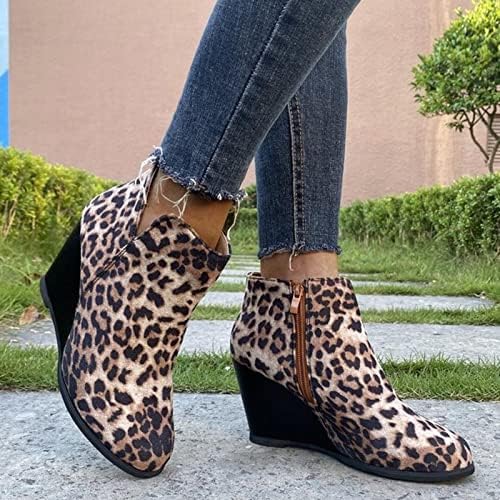 Botas de tornozelo feminino Vintage Leopard Suede plataforma salto de salto curto botas curtas arco de taco de suporte de