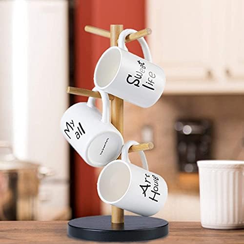 Rack de caneca de bambu, árvore de caneca de café, suporte de xícara de café, acessórios para café com 6 ganchos