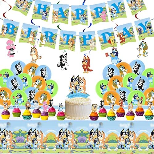 51 PCs Blue Dog Birthday Festes, meninos e meninas decoração de aniversário inclui banner de feliz aniversário, toalha de