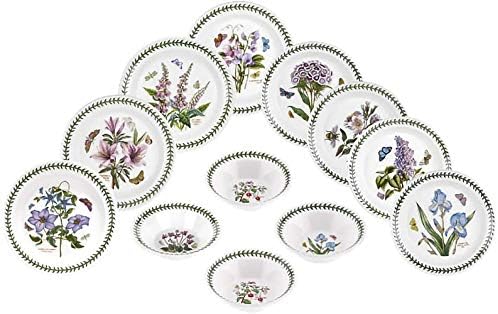 PortMeirion Botanic Garden de 12 peças Conjunto de utensílios | Serviço para 4 | Placas de cerâmica branca e tigelas para cozinha | Lavagem de louça e cofre de microondas | Feito na Inglaterra