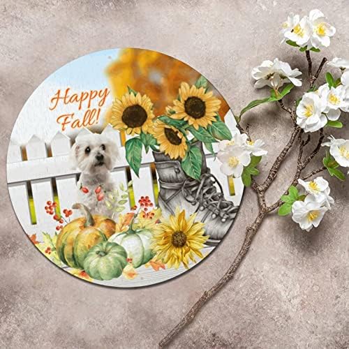 Placa de lata de metal redonda Placa Happy Fall Pumpkins Dog Sunfross