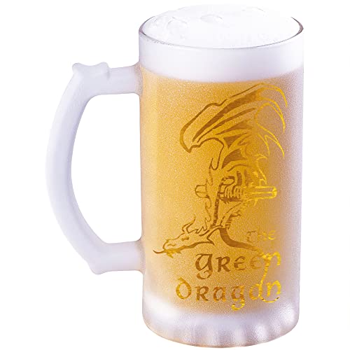 Green Dragon Sandblasted Glass Beer Stein, 17 onças, Lord Glass Frozen, presente para ele, presentes para jogadores, copo de