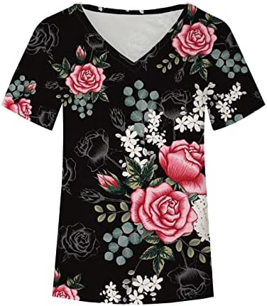 Tee feminino verão outono 2023 Manga curta V Casco de algodão de algodão impressão de flores de flor top shirt para