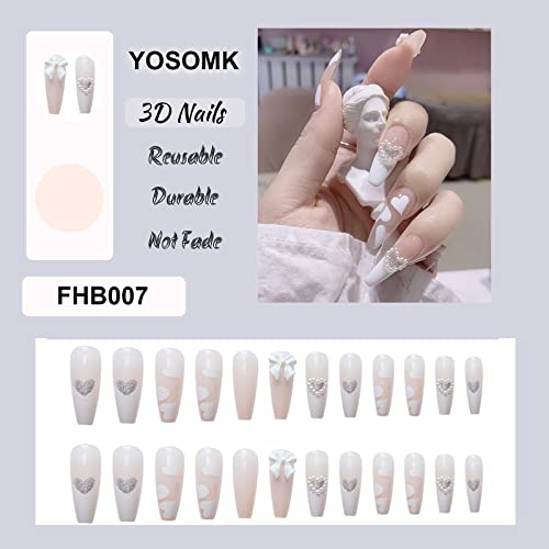 YOSOMK 3D Pressione em unhas longas pérolas brancas Coração fofo unhas falsas com designs unhas falsas brilhantes para