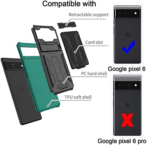 Para pixel 6 estojo com protetor de tela de vidro temperado [2 pacote] Camada de dupla camada pesada Hybrid Hybrid Sturdy Cartter Casal Slot com tampa de Kickstand para o Google Pixel 6 Case -Green