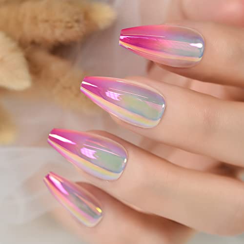 Ombre metálico unhas longas gradiente lindas bailarina Fake Press On Nails Super Bright Manicure espelho dicas projetadas