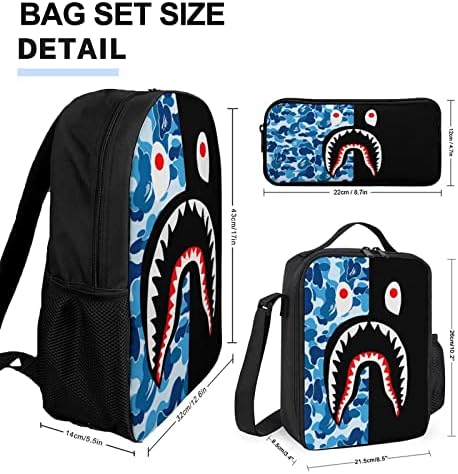 Jlahlvqu 17 polegadas Shark Face Backpack Set, Camo Bookbag com lanchone
