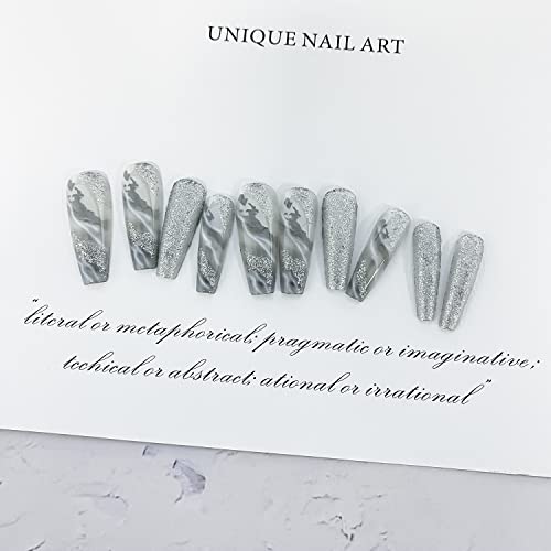 Pressione as unhas Long Coffin Unhas Falsas Design de mármore cinza Unhas falsas com glitter prateado Glitter Glitter Glitter